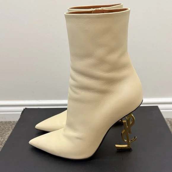 Saint Laurent Cream Leather Opyum Logo Heel Ankle Boots - Picture 4 of 9